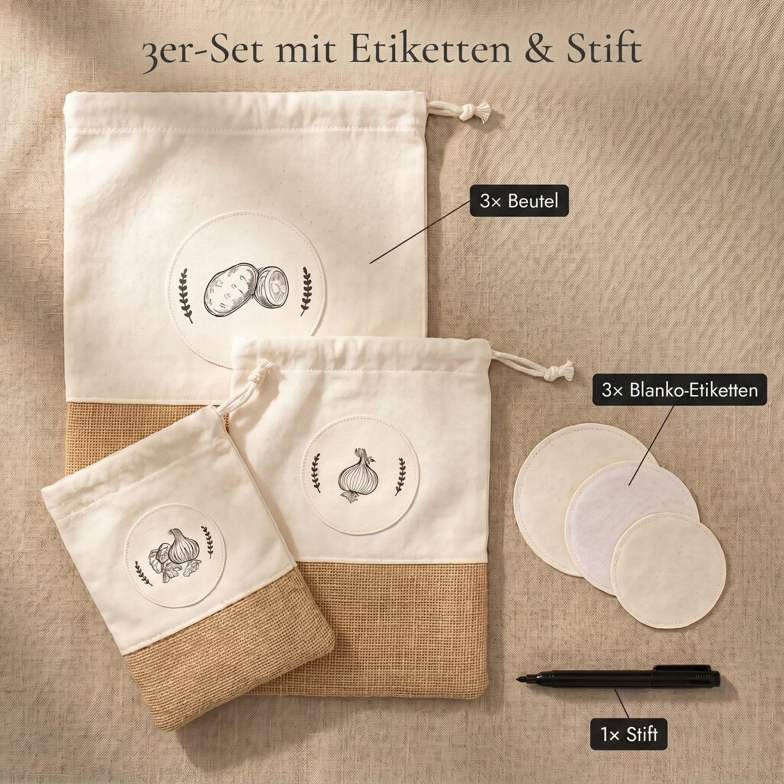 3er-Set mit Etiketten und Stift