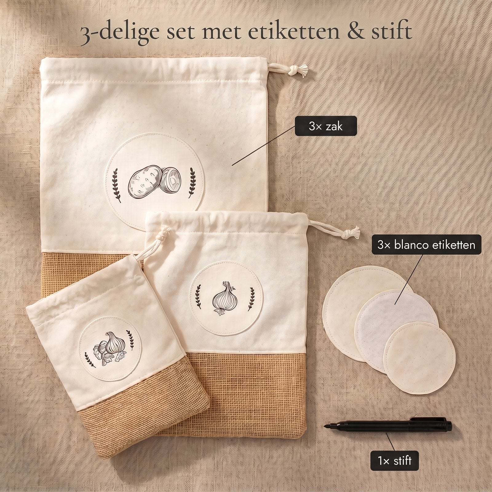 3-delige set met etiketten en stift
